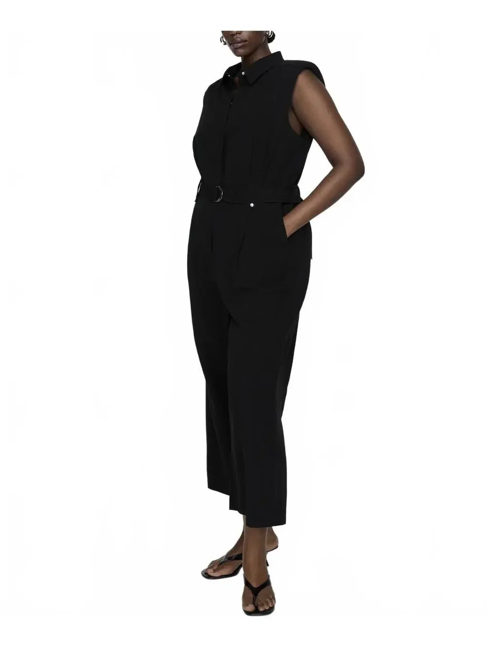 Mango Linen Blend Jumpsuit With Belt Clip and Shoulder Pad NWT Matty Black Large
